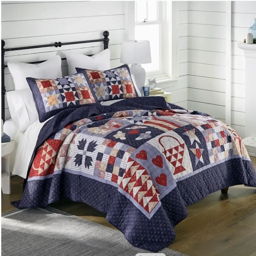 Farmhouse Cottage County Fair Printed King Size Quilt Set Patchwork Americana